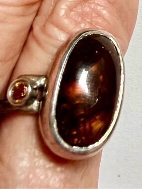 Handcrafted Sterling Silver Amber Oval Ring fire agate with vitrine accent